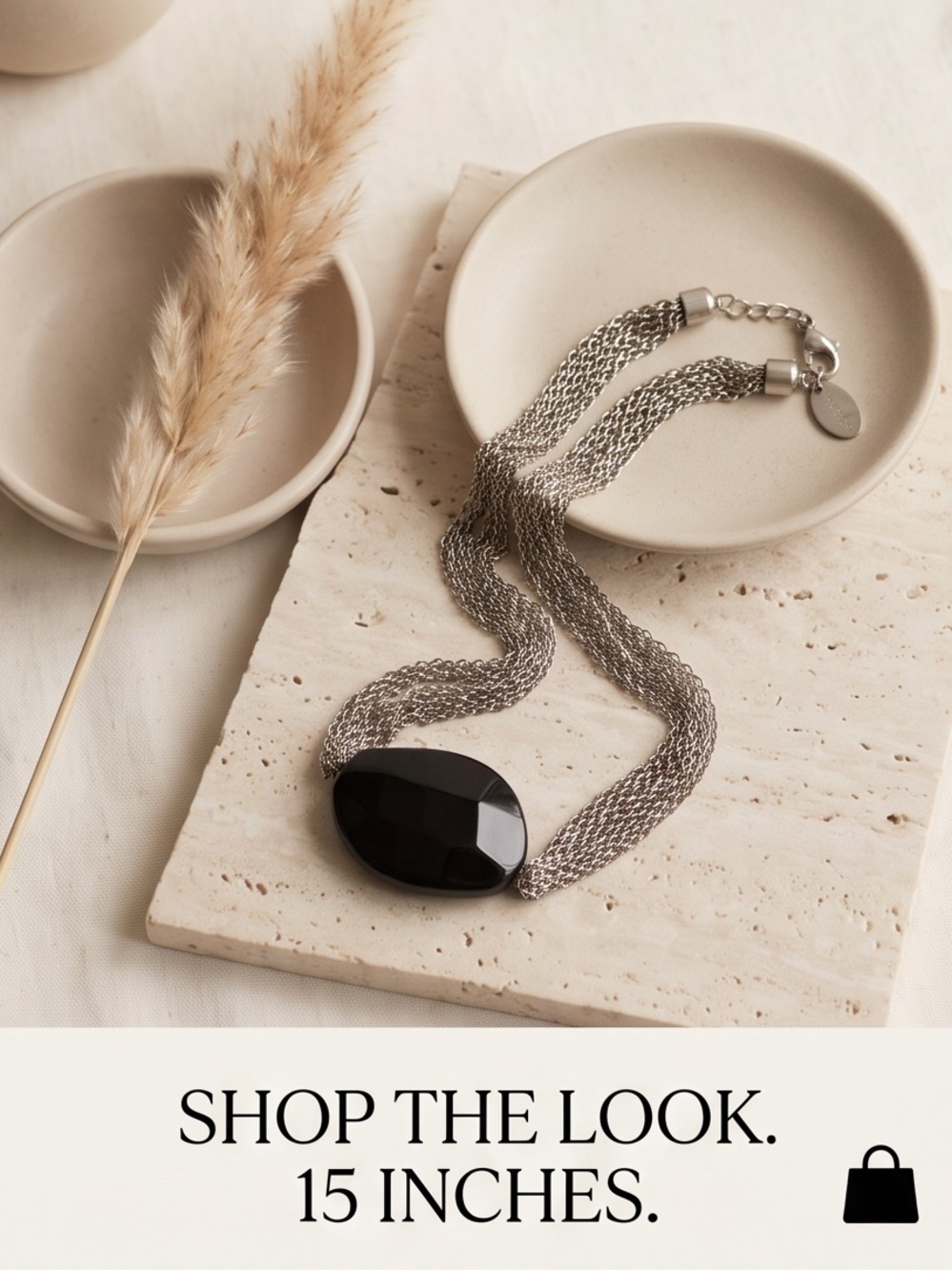 Multi-Strand Silver Chain Necklace with Large Black Stone Pendant WHBM